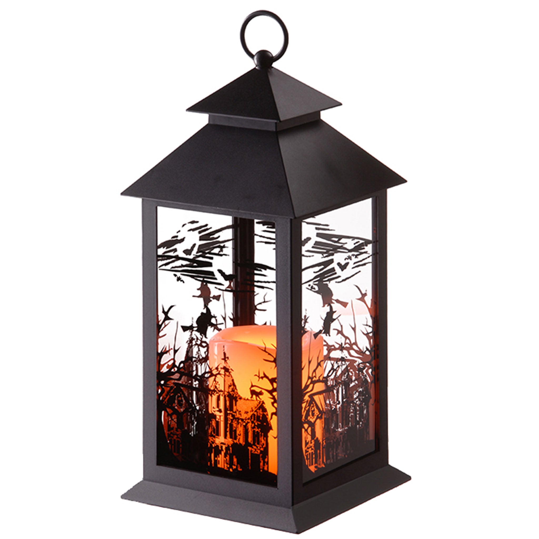 Halloween Lantern with LED Lights, Carved Images of Witches, Haunted House, 12 inches