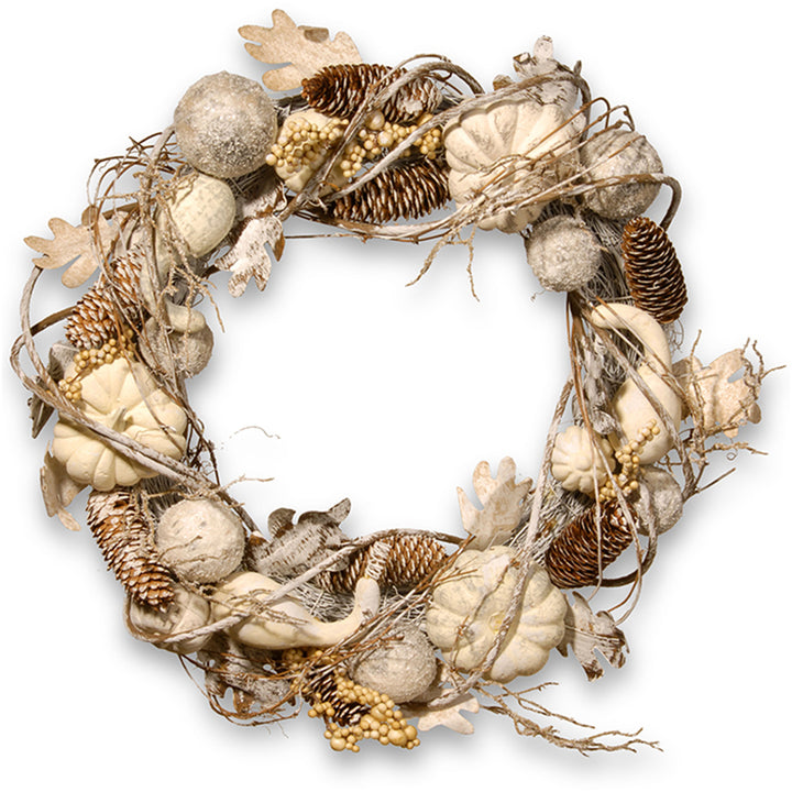 National Tree Company Artificial Autumn Wreath, White, Decorated with Pumpkins, Gourds, Pinecones, Berry Clusters, Ball Ornaments, Oak Leaves, Autumn Collection, 20 in