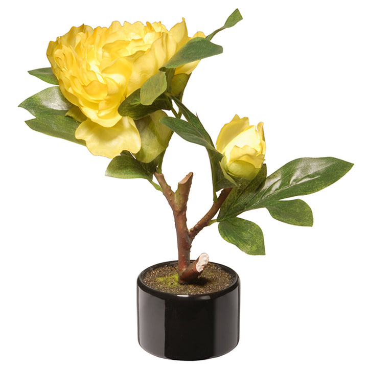 Artificial Potted Flower, Yellow Peony, Incudes Black Base, Spring Collection, 10 Inches