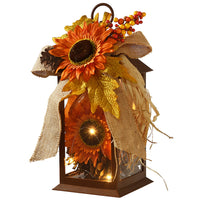 12 in. Fall Lantern with LED Lights, Filled with Sunflower Blooms, Leaves, Pinecones, Berry Clusters - National Tree Company