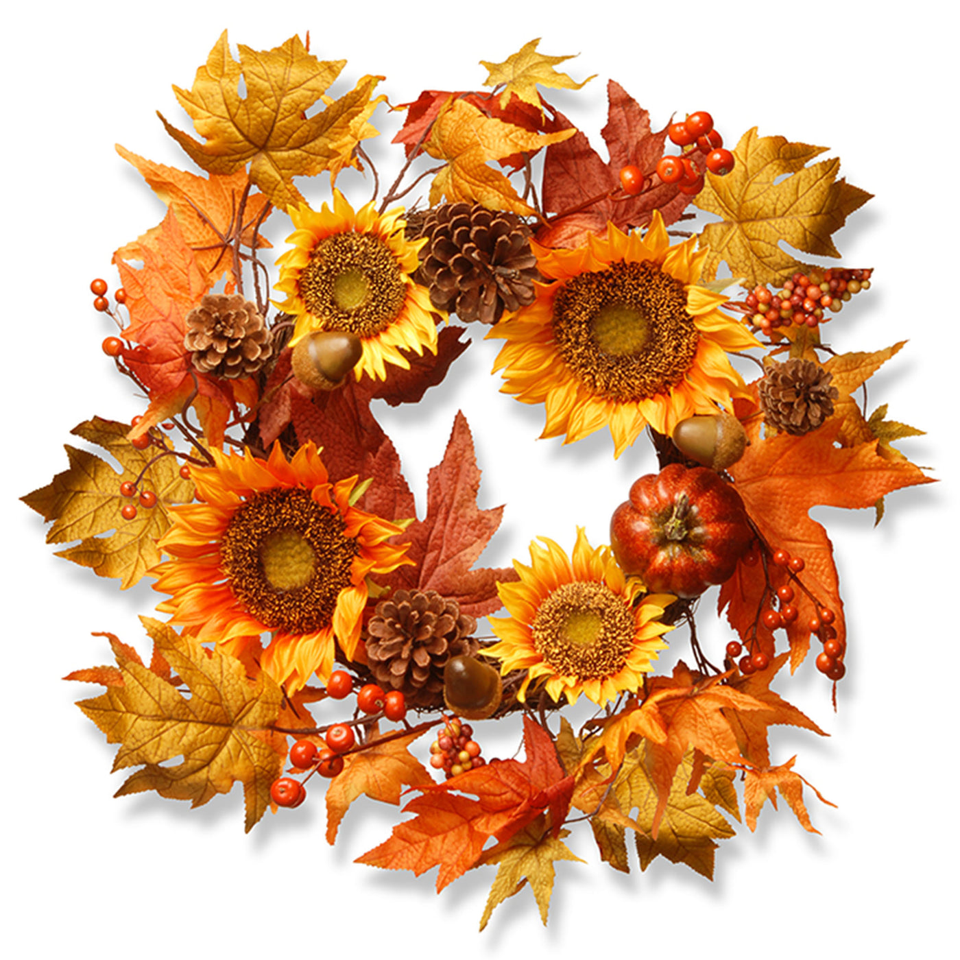 22 in. Fall Wreath with Sunflowers, Pinecones, Berry Clusters, Acorns, Pumpkins, Maple Leaves - National Tree Company
