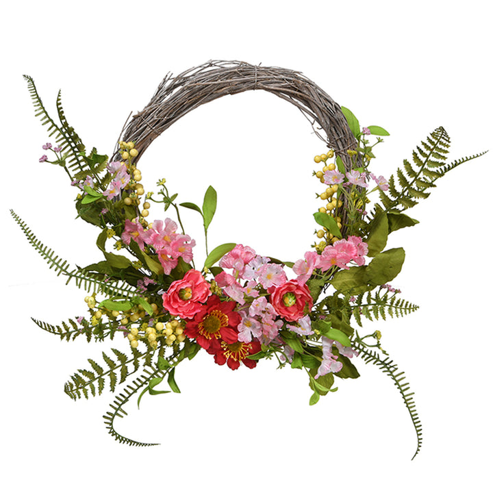 Artificial Hanging Wreath, Woven Branch Base, Decorated Red and Pink Flower Blooms, Yellow Berry Clusters, Fern Fronds, Spring Collection, 20 Inches