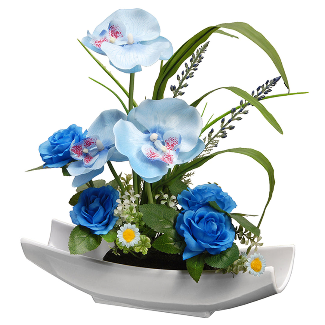 Artificial Potted Flowers, White Orchid, Decorated with Blue Roses, Leafy Greens, Includes White Base, Spring Collection, 15 Inches