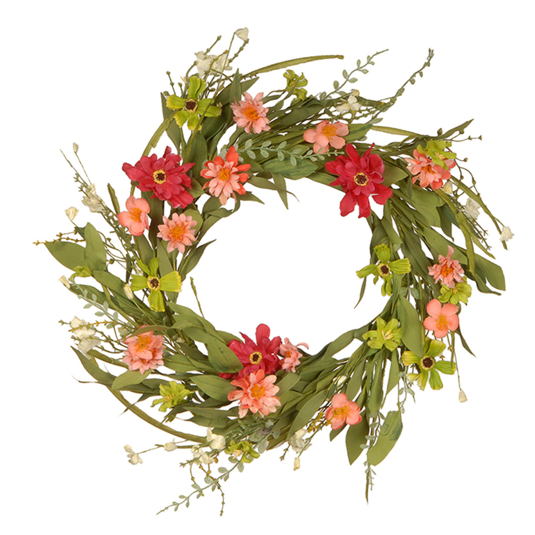 Artificial Hanging Wreath, Woven Vine Stem Base, Decorated with Red, Green and Pink Wildflower Blooms, Flowing Green Stems, Spring Collection, 22 Inches