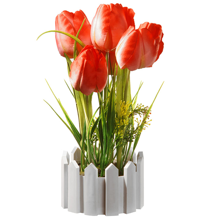 Artificial Potted Flowers, Red Tulips, Decorated with Leafy Greens, Includes White Picket Fence Base, Spring Collection, 11 Inches