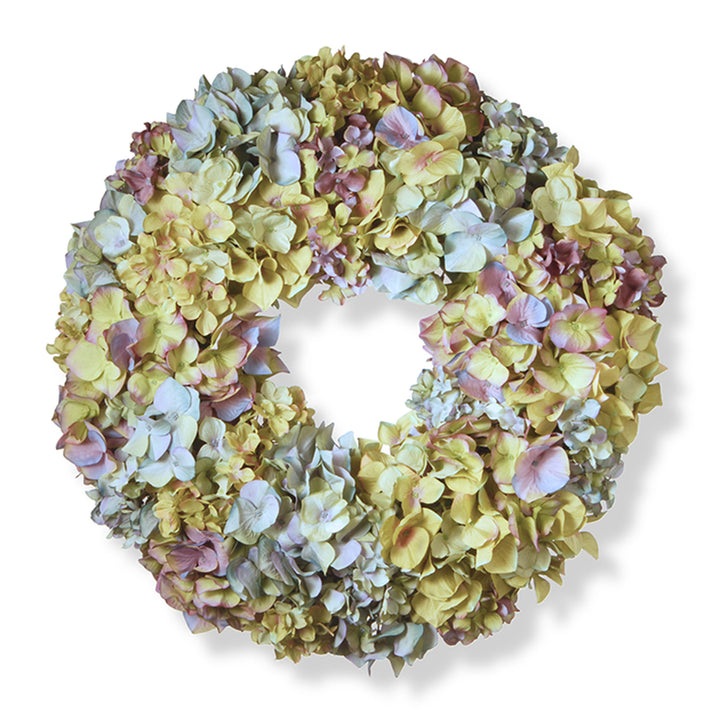 Artificial Hanging Wreath, Woven Branch Base, Decorated with Mixed, Colorful Hydrangea Blooms, Spring Collection, 19 Inches