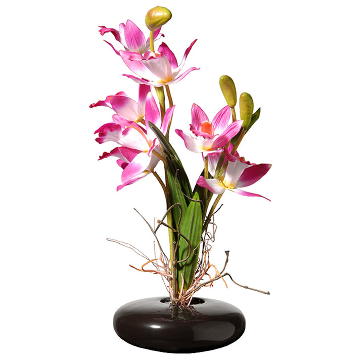 Artificial Potted Flowers, Pink Orchids, Includes Black Base, Spring Collection, 10 Inches
