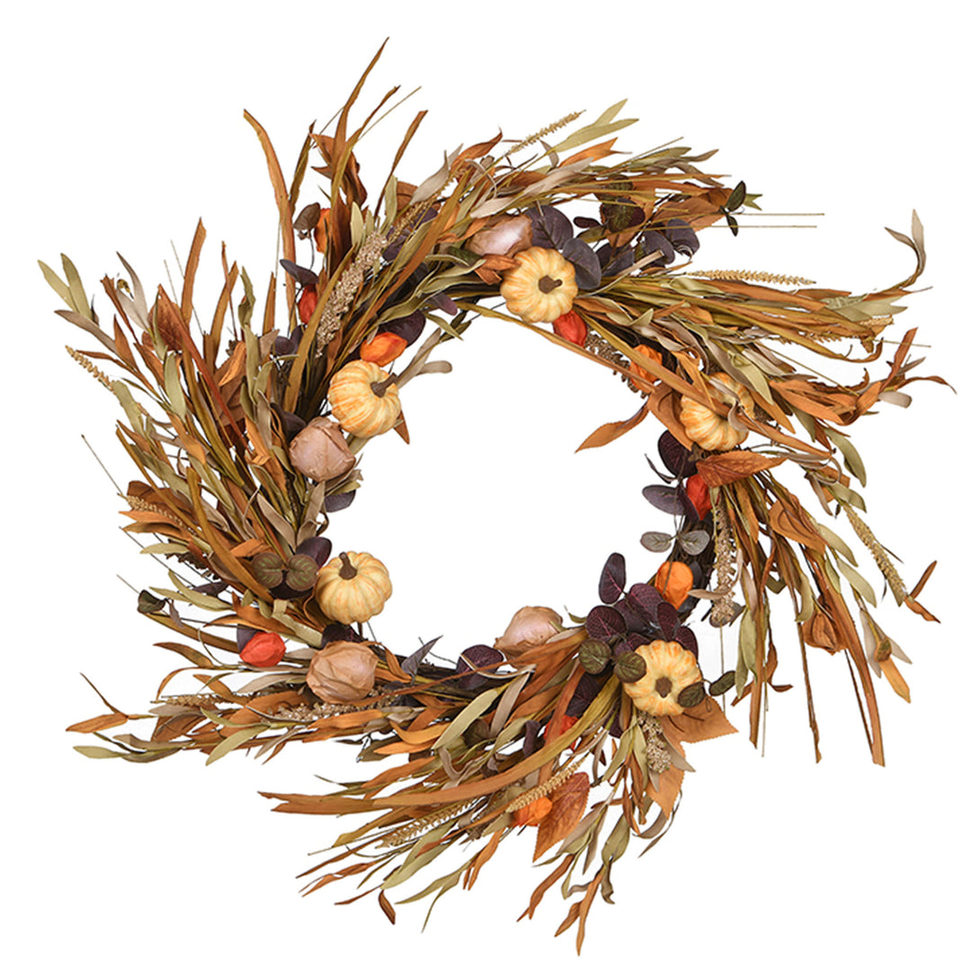 National Tree Company Artificial Autumn Wreath, Decorated with Pumpkins, Grasses, Leaf Stalks, Seedpods, Assorted Leaves, Autumn Collection, 24 in