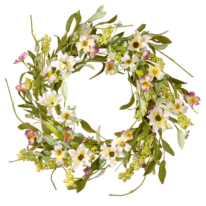 Artificial Hanging Wreath, Vine Stem Base, Decorated with White and Purple Mixed Flower Blooms, Flowing Green Stems, Seed Pods, Spring Collection, 20 Inches