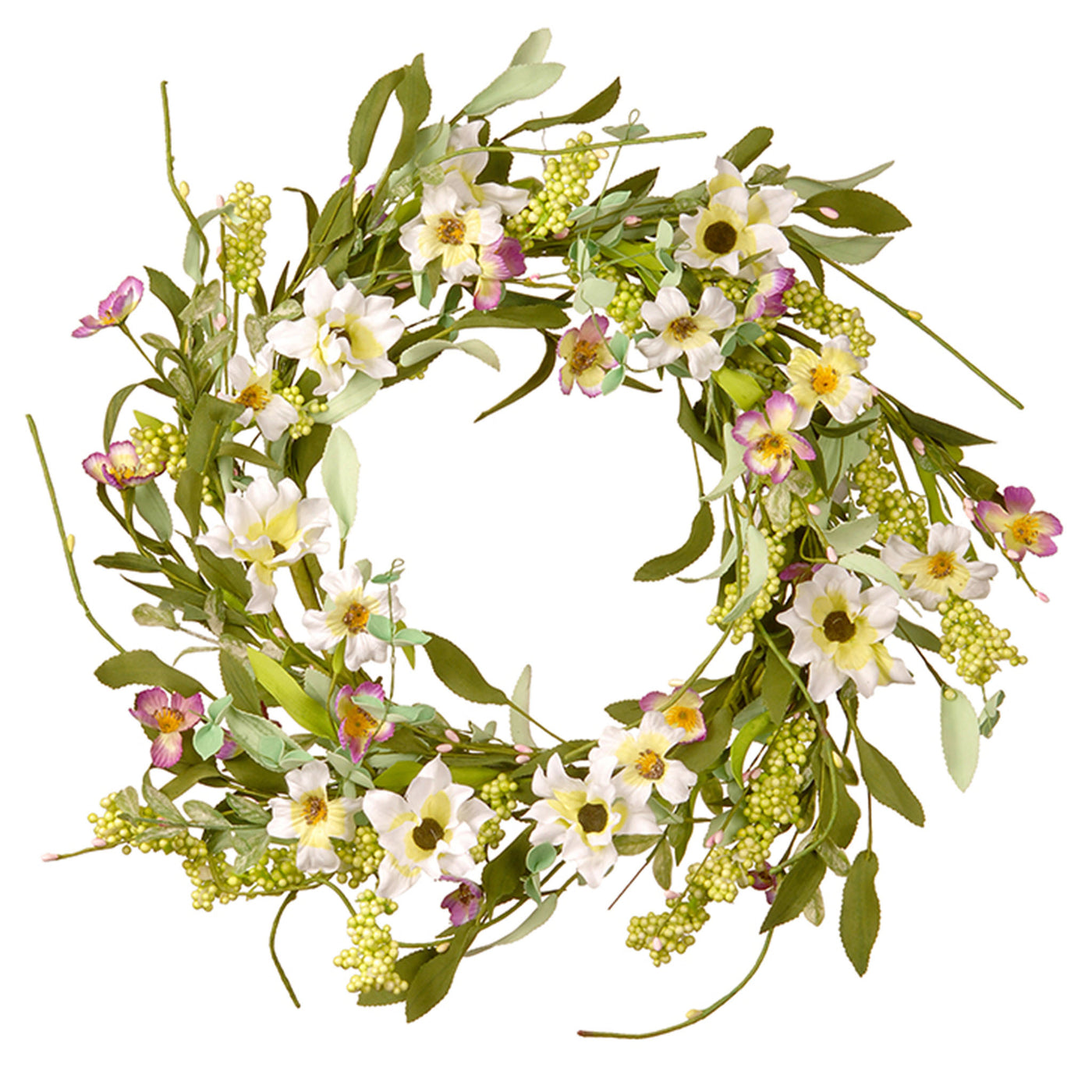 20 in. Spring Wreath with White and Purple Mixed Flower Blooms, Flowing Green Stems, Seed Pods - National Tree Company