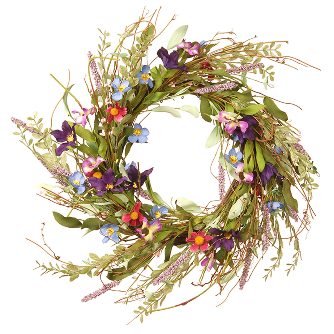 Artificial Hanging Wreath, Vine Stem Base, Decorated with Blue, Red and Pink Mixed Flower Blooms, Flowing Green Stems, Seed Pods, Spring Collection, 20 Inches
