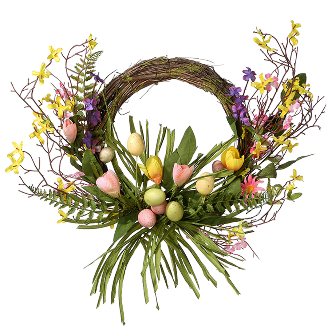 Artificial Spring Wreath, Decorated with Pastel Eggs, Flower Blooms, Easter Collection, 20 Inches