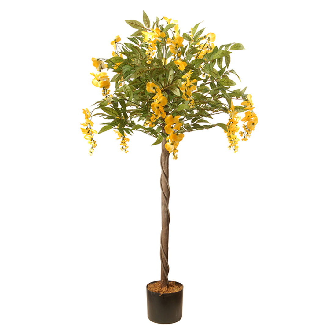 Artificial Potted Tree, Wisteria, Decorated with Yellow Flower Blooms, Includes Black Pot Base, Spring Collection, 4 Feet