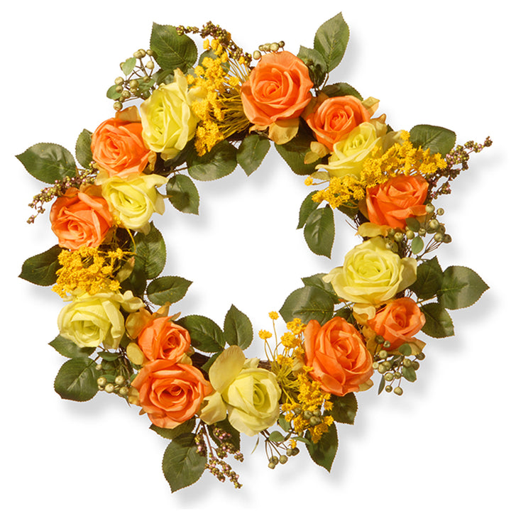 Artificial Hanging Wreath, Woven Branch Base, Decorated with Yellow and Orange Rose Blooms, Seed Pods, Berry Clusters, Leafy Greens, Spring Collection, 20 Inches