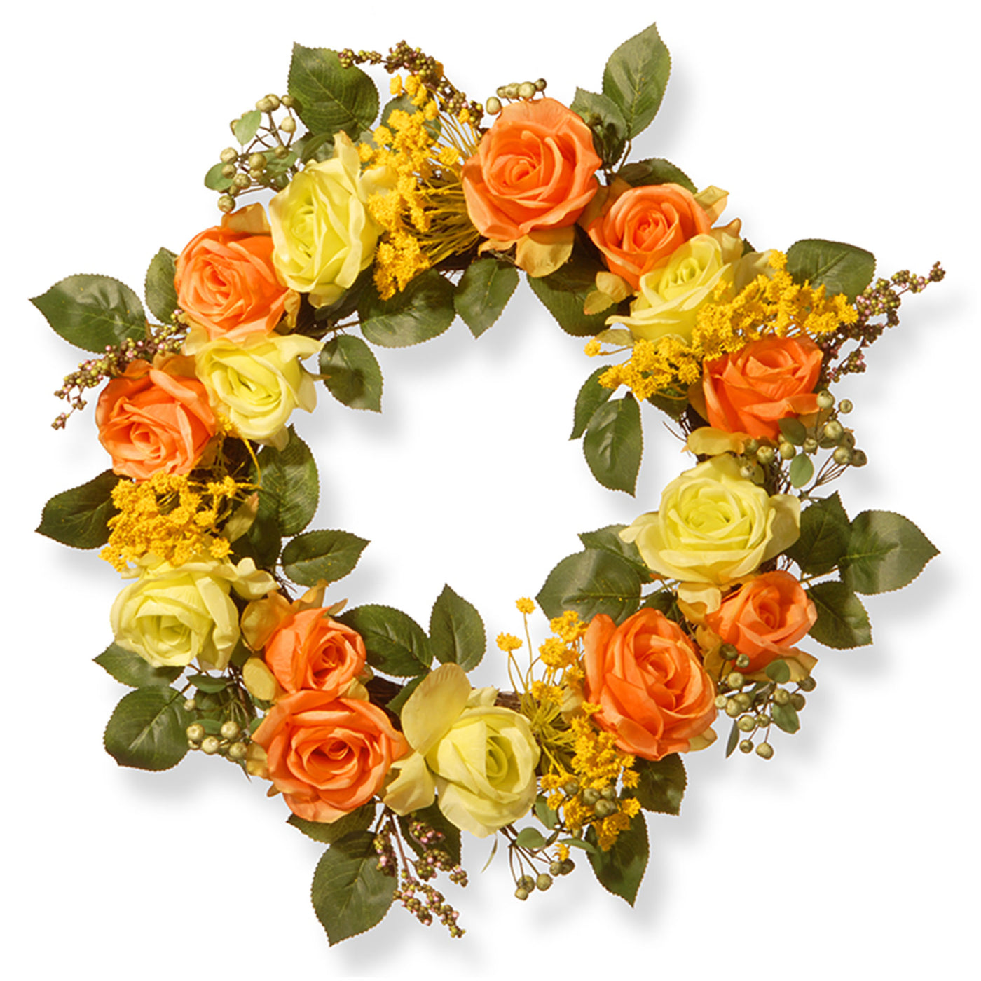 20 in. Spring Wreath with Yellow and Orange Rose Blooms, Seed Pods, Berry Clusters, Leafy Greens - National Tree Company
