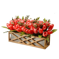 10in. Spring Planter Box with Pink and Red Tulip Blooms, Leafy Greens in a Ornate Natural Wooden Base - National Tree Company