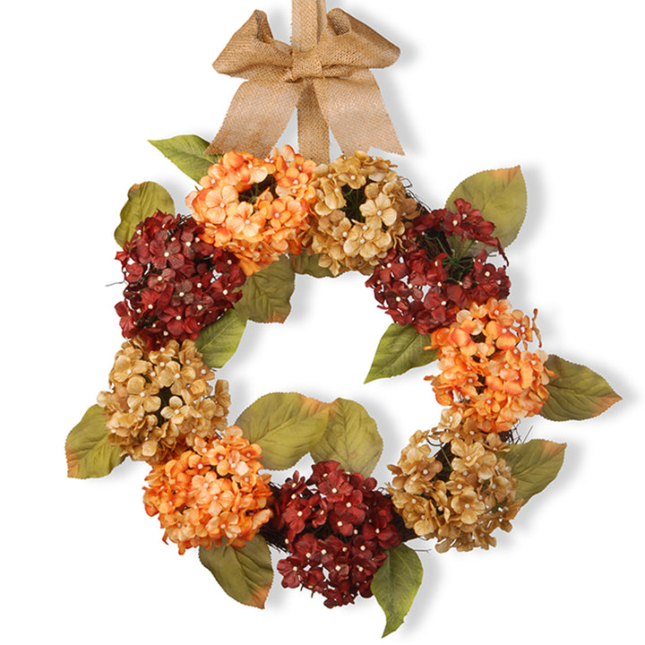Artificial Autumn Wreath, Decorated with Hydrangeas, Elm Leaves, Burlap Ribbon, Autumn Collection, 24 in