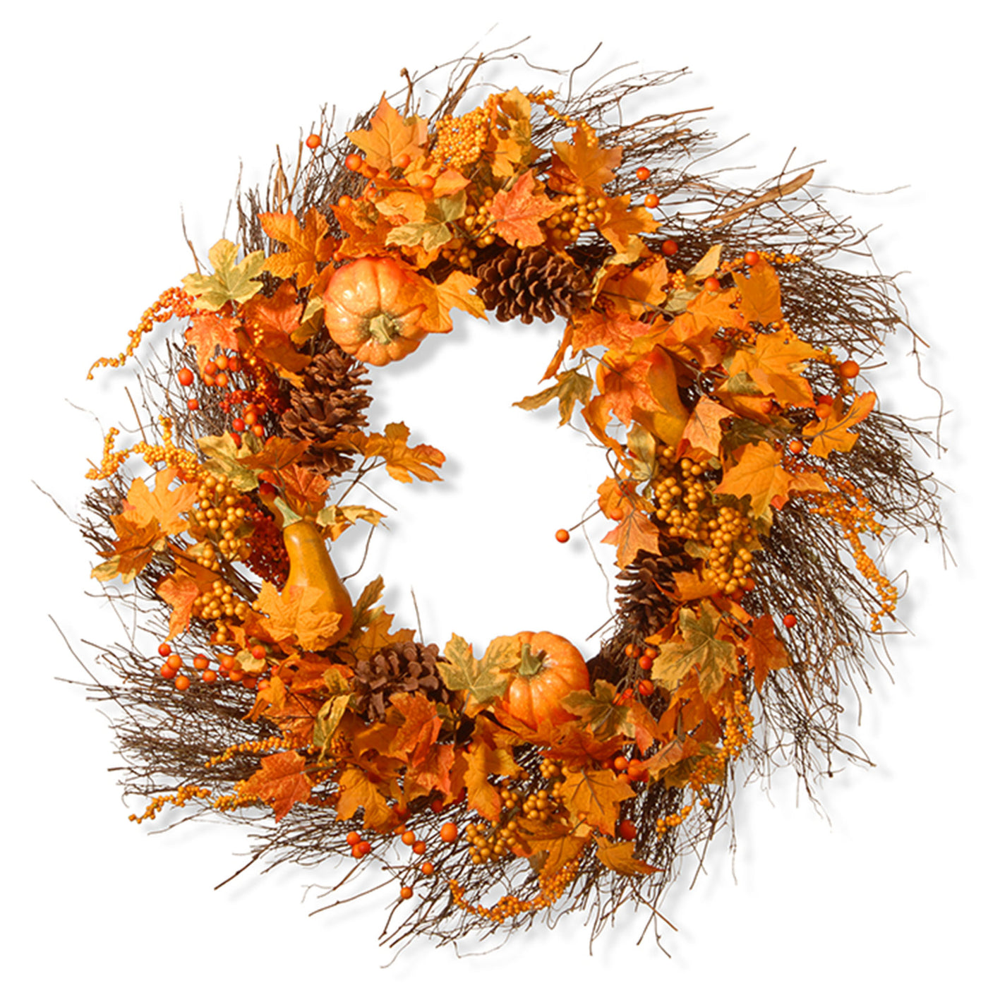 28 in. Fall Wreath with Pumpkins, Pinecones, Berry Clusters, Maple Leaves - National Tree Company