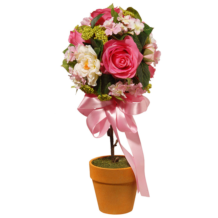 Artificial Potted Plant, Rose and Hydrangea, Decorated with Pink Bow, Includes Classic Grower's Pot, Spring Collection, 14 Inches