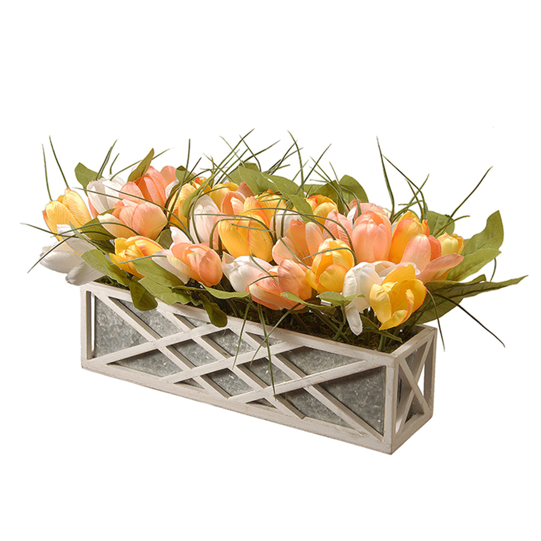 Artificial Planter Box, Decorated with Peach, Yellow and White Tulip Blooms, Leafy Greens, Includes Ornate White Wooden Base, Spring Collection, 10 Inches