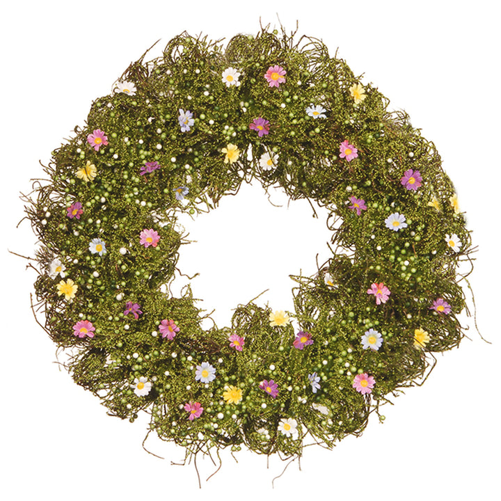 Artificial Hanging Wreath, Woven Branch Base, Decorated with Yellow, White, Pink and Blue Flower Blooms, Green Ivy, Berries, Spring Collection, 19 Inches