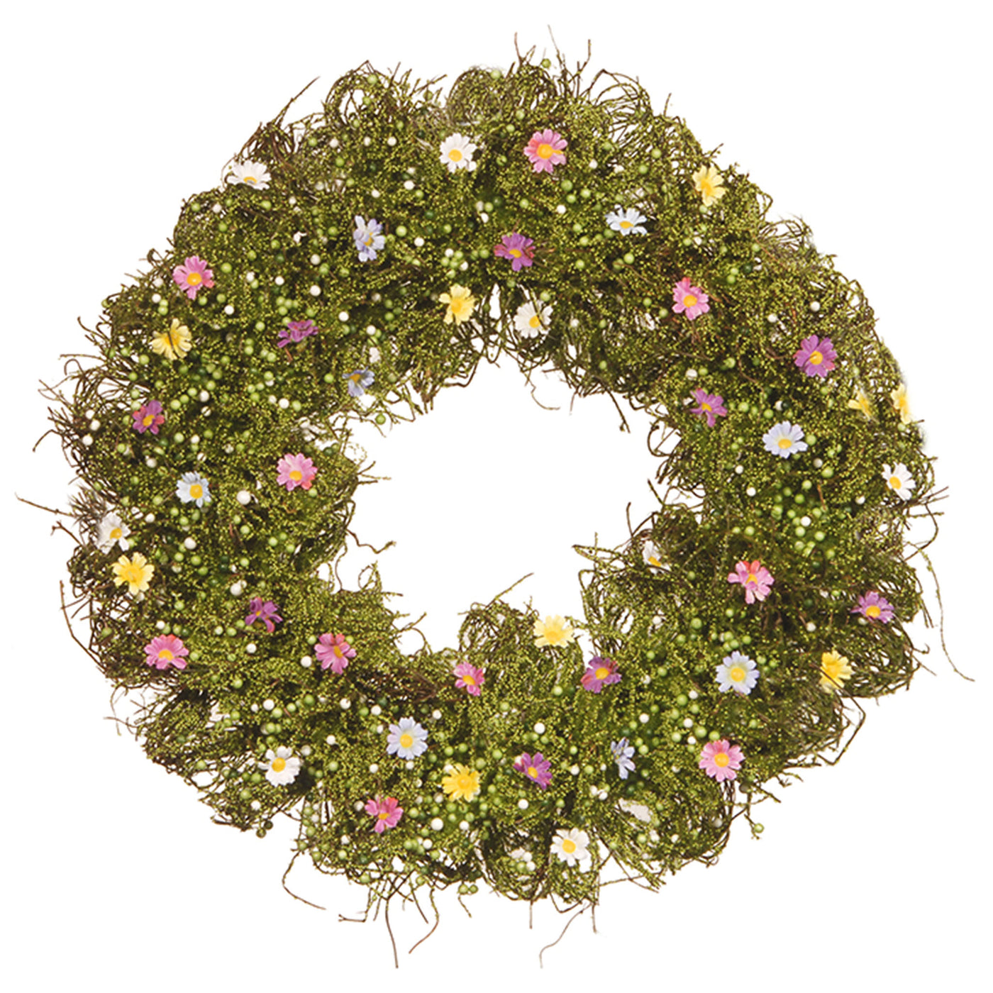 19 in. Spring Wreath with Yellow, White, Pink and Blue Flower Blooms, Green Ivy, Berries - National Tree Company