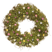 19 in. Spring Wreath with Yellow, White, Pink and Blue Flower Blooms, Green Ivy, Berries - National Tree Company