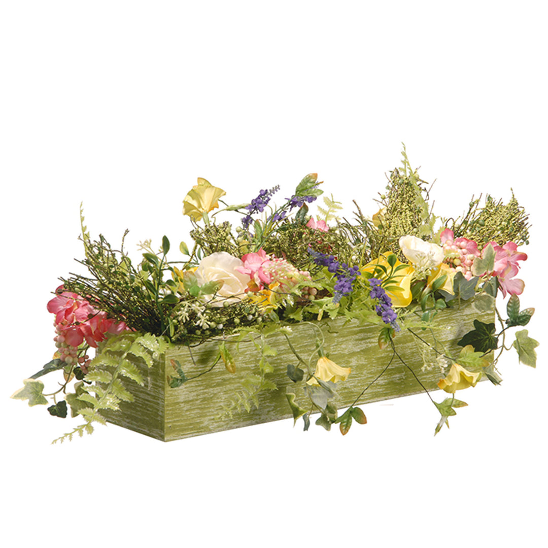 Artificial Candleholder Table Decoration, Wooden Green Box Base, Decorated with Flower Blooms, Berry Clusters, Leafy Greens, Holds 3 Pillar Candles, Spring Collection, 22 Inches