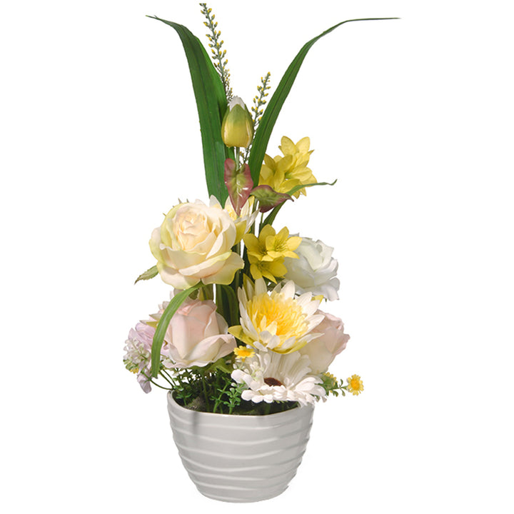 Artificial Potted Flowers, White Daises and Roses, Decorated with Leafy Greens, Includes White Pot Base, Spring Collection, 17 Inches