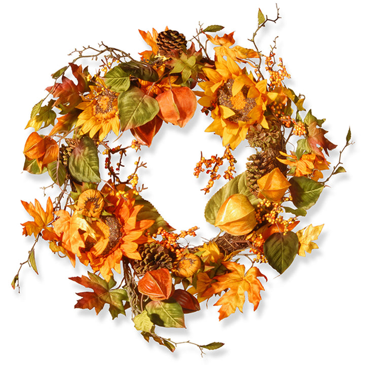 National Tree Company Artificial Autumn Wreath, Decorated with Sunflowers, Pinecones, Berry Clusters, Maple Leaves, Autumn Collection, 25 in
