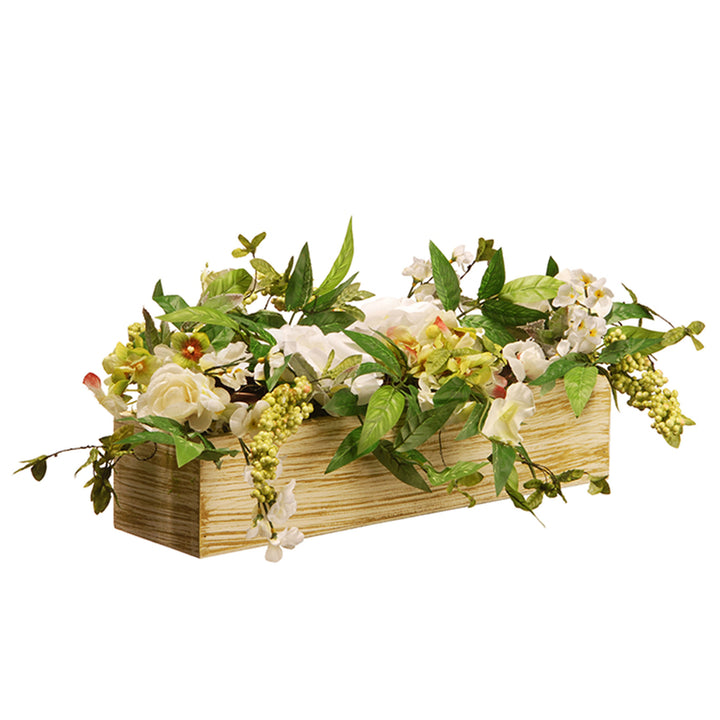 Artificial Candleholder Table Decoration, Wooden Natural Box Base, Decorated with Flower Blooms, Berry Clusters, Leafy Greens, Holds 3 Pillar Candles, Spring Collection, 22 Inches