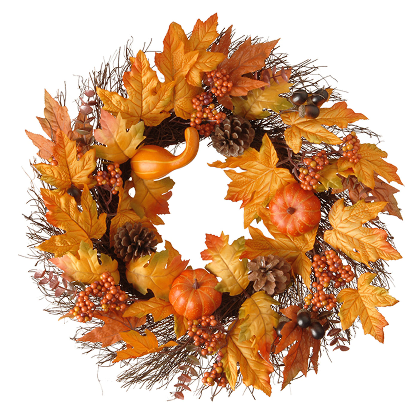 24 in. Fall Wreath with Gourds, Pumpkins, Berry Clusters, Acorns, Maple Leaves - National Tree Company