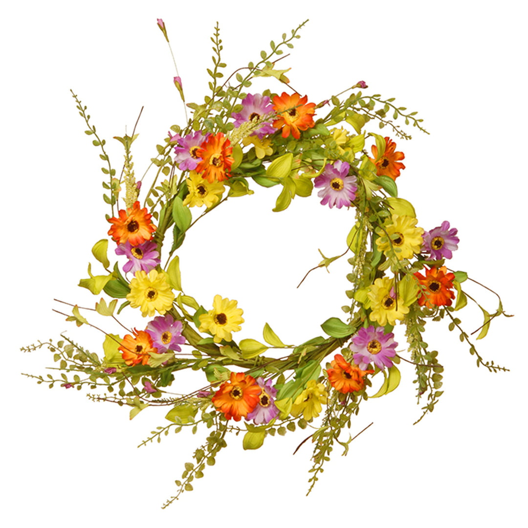 Artificial Hanging Wreath, Vine Stem Base, Decorated with Yellow, Orange and Purple Daisy Blooms, Fern Fronds, Spring Collection, 20 Inches