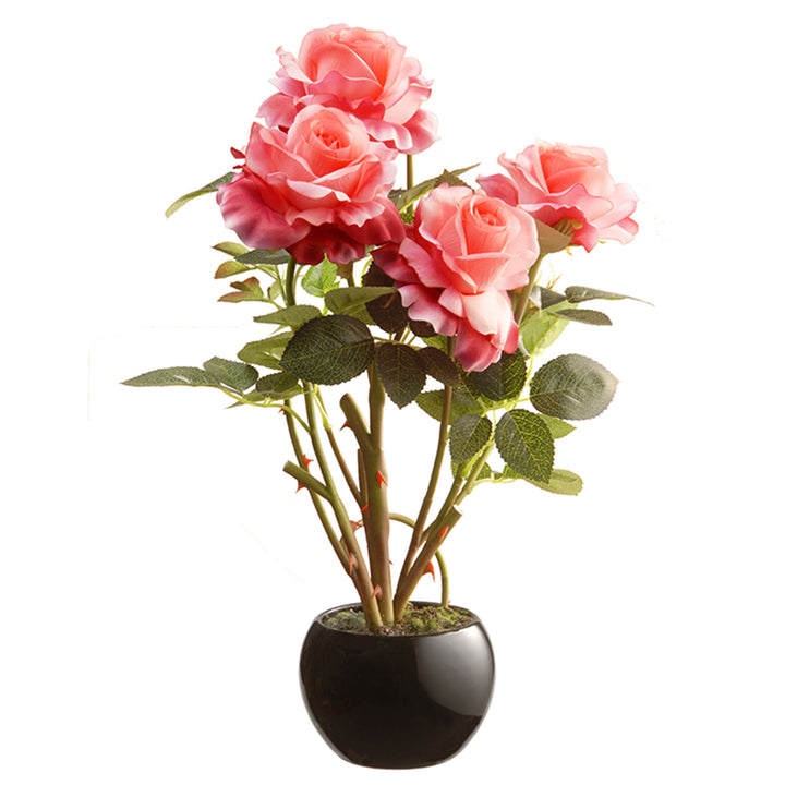 Artificial Potted Flowers, Pink Roses, Includes Black Base, Spring Collection, 17 Inches