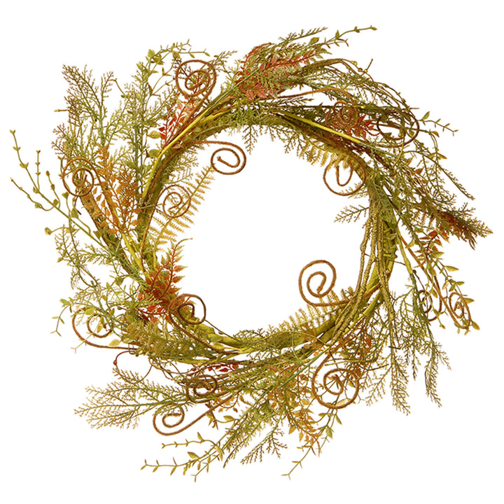 Artificial Hanging Wreath, Vine Stem Base, Decorated with Fern Fronds, Curled Branch Sprigs, Flowing Green Stems, Spring Collection, 22 Inches