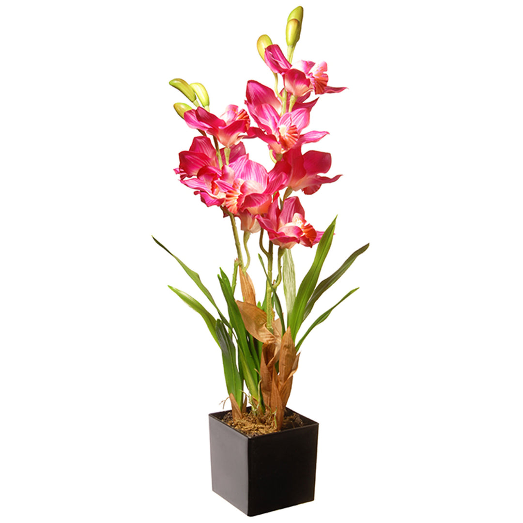 Artificial Potted Flowers, Pink Orchids, Includes Black Base, Spring Collection, 25 Inches