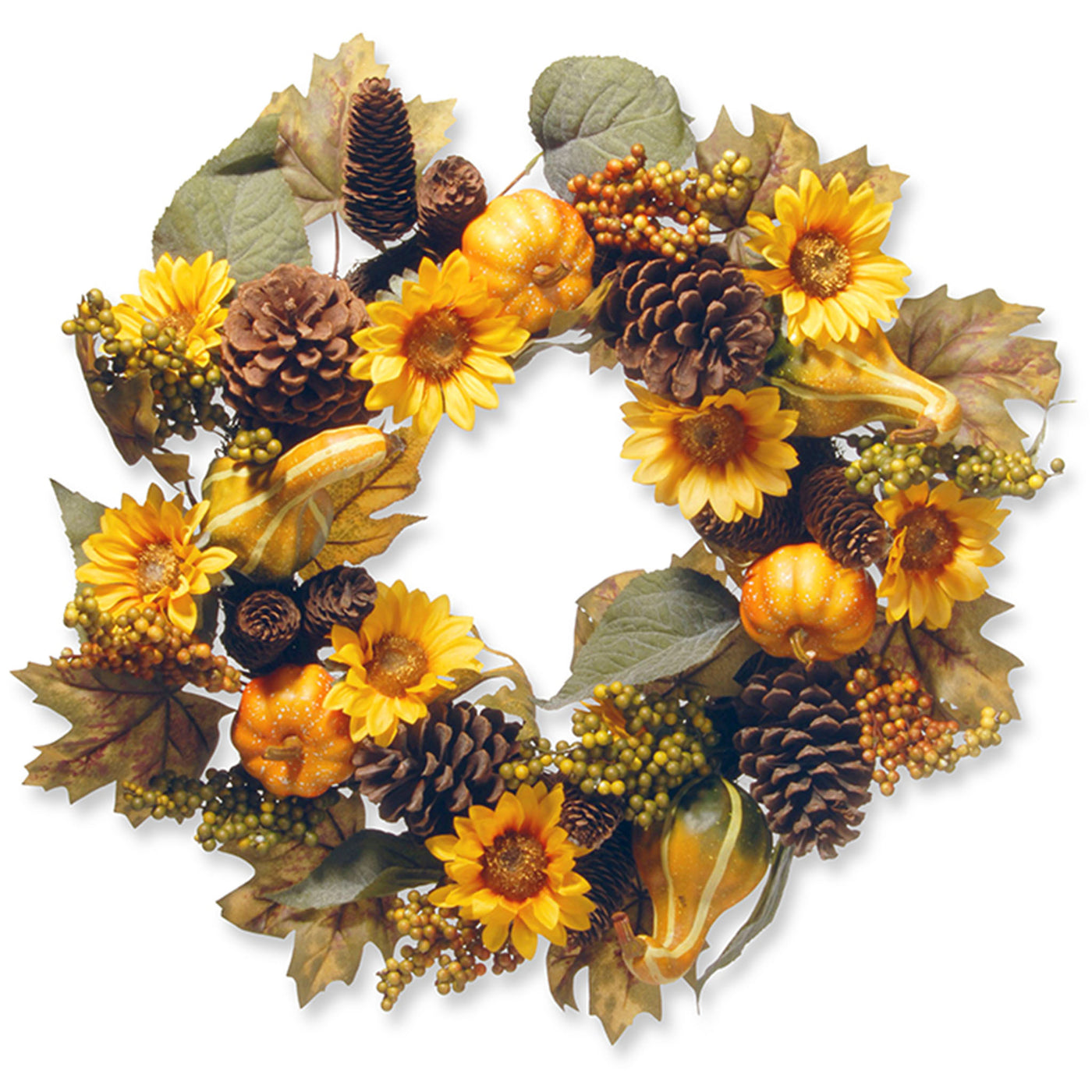 22 in. Fall Wreath with Pumpkins, Gourds, Pinecones, Sunflowers, Berry Clusters, Assorted Leaves - National Tree Company