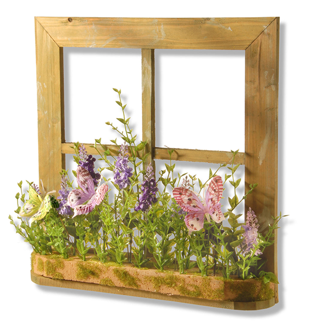 Artificial Window Decoration, Decorated with Lavender, Leafy Greens, Butterflies, Spring Collection, 14 Inches