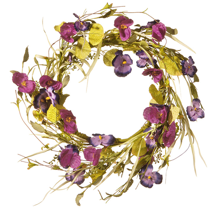 Artificial Hanging Wreath, Vine Stem Base, Decorated with Purple Pansy and Poppy Flowers, Seed Pods, Leafy Greens, Spring Collection, 22 Inches