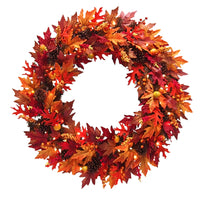 36 in. Pre-Lit Fall Wreath with Gourds, Pinecones, Maple Leaves, Berry Clusters and Lights - National Tree Company