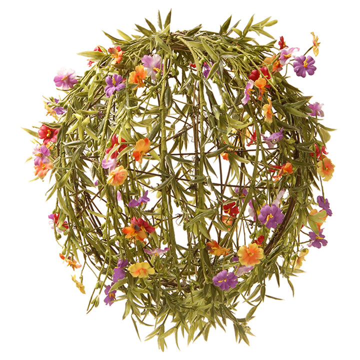 Artificial Flower Ball, Green, Decorated with Vines, Stems, Leafy Greens, Colorful Flower Blooms, Spring Collection, 12 Inches
