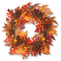 24 in. Pre-Lit Fall Wreath with Gourds, Pinecones, Maple Leaves, Berry Clusters and Lights - National Tree Company