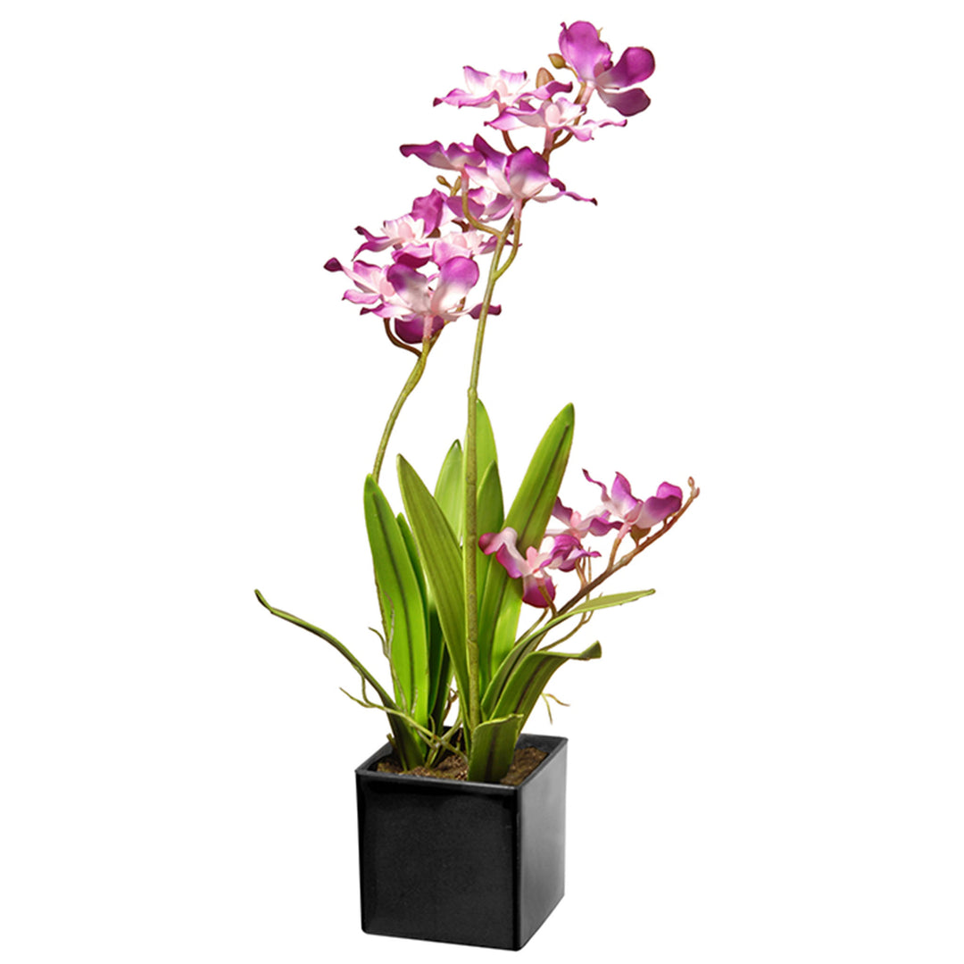 Artificial Potted Flowers, Purple Orchids, Includes Black Base, Spring Collection, 16 Inches