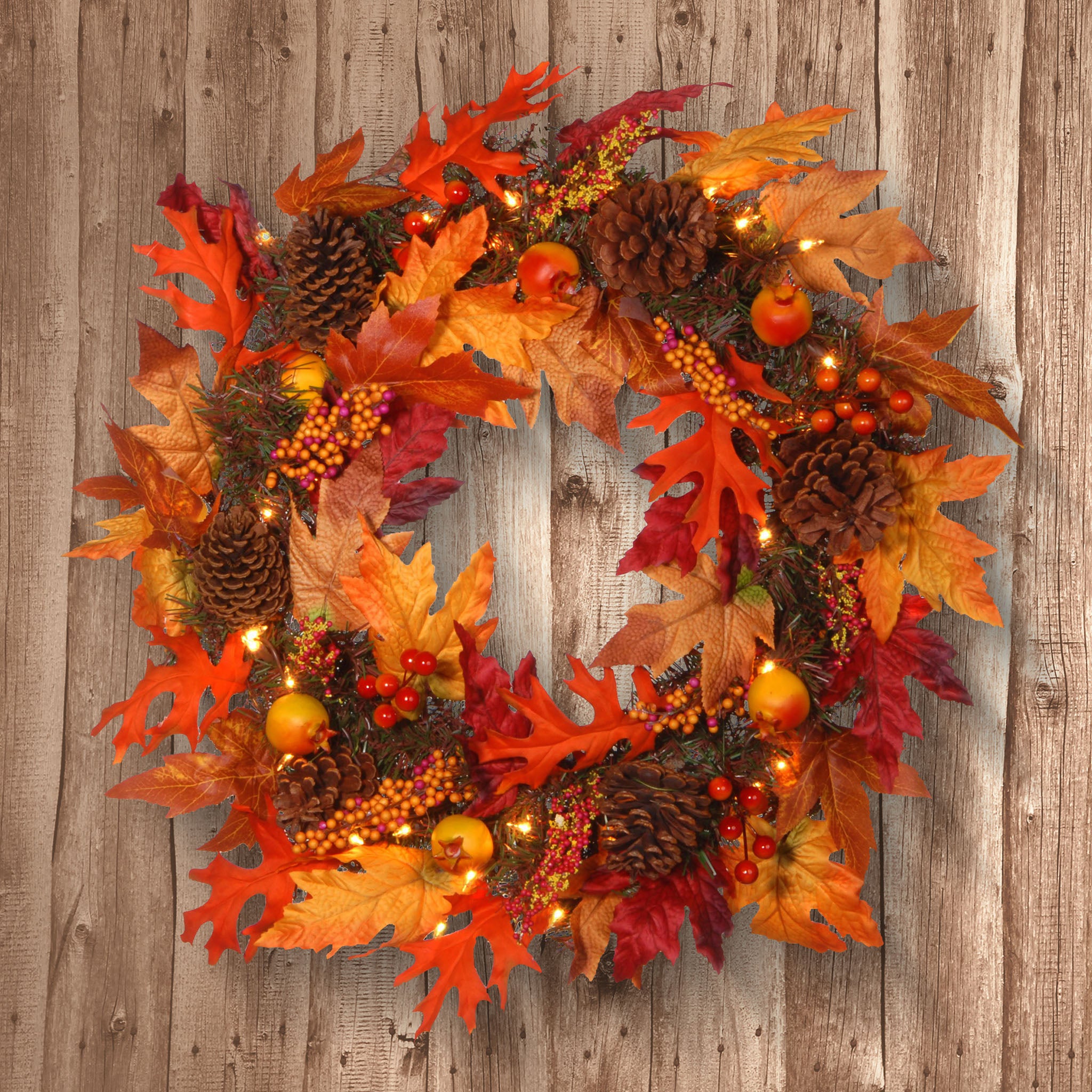 National Tree Company Pre-Lit Artificial Autumn Wreath, Decorated with Gourds, Pinecones, Maple Leaves, Berry Clusters and Lights, Autumn Collection, 24 in