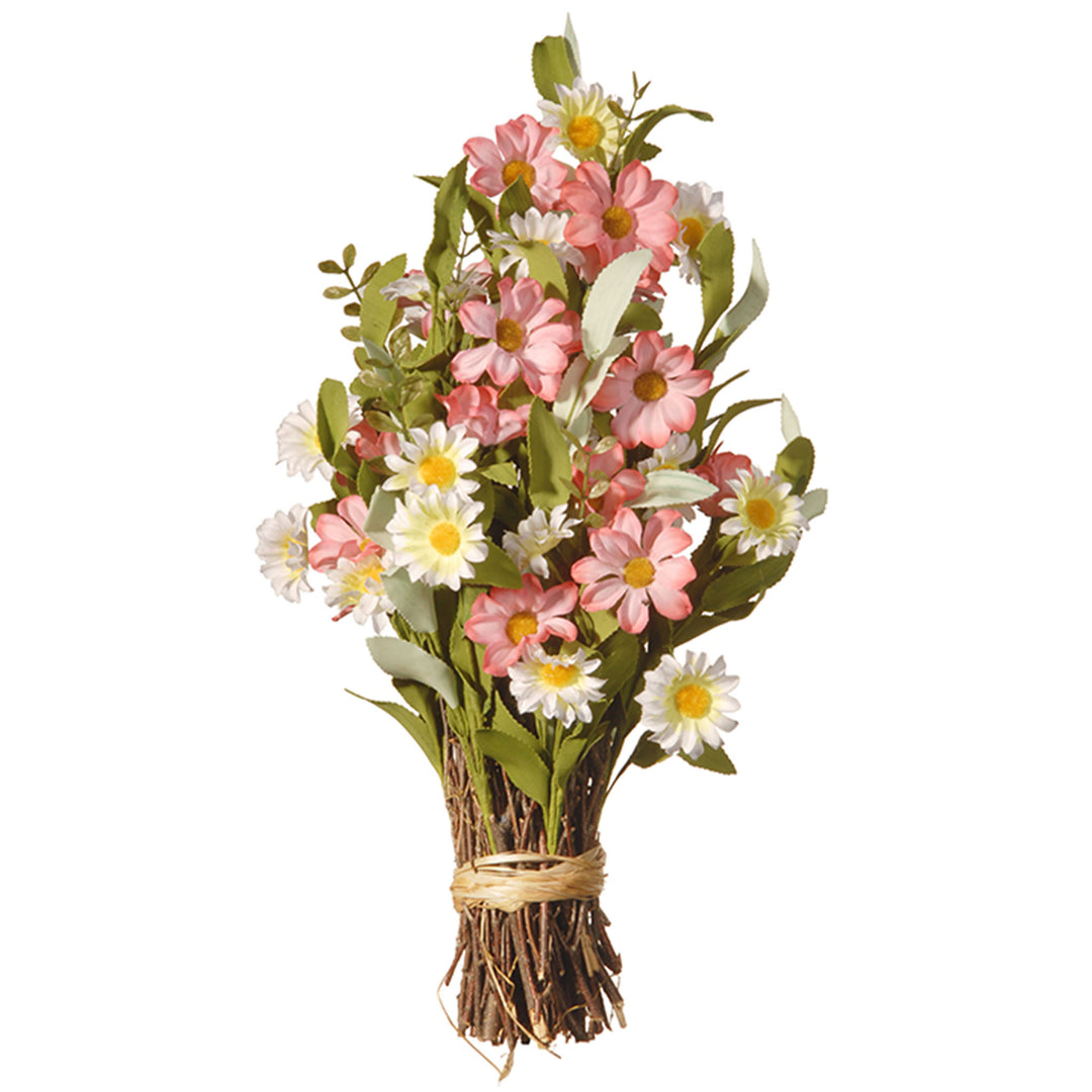 Artificial Floral Bouquet, Woven Branch Base, Decorated with Pink and White Daisy Flowers, Spring Collection, 16 Inches