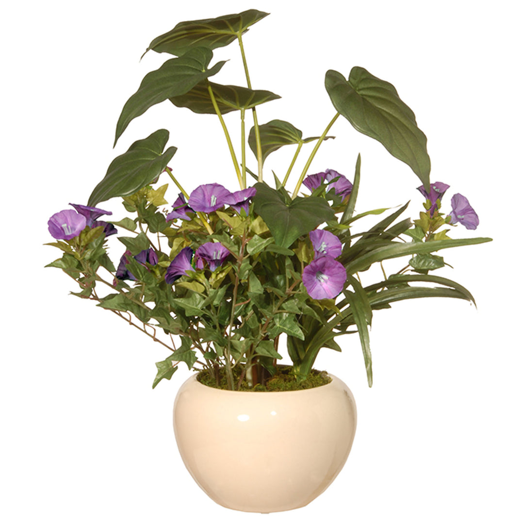Artificial Potted Plant, Decorated with Purple Flower Blooms, Flowing Stems, Includes Cream Ceramic Pot Base, Spring Collection, 18 Inches
