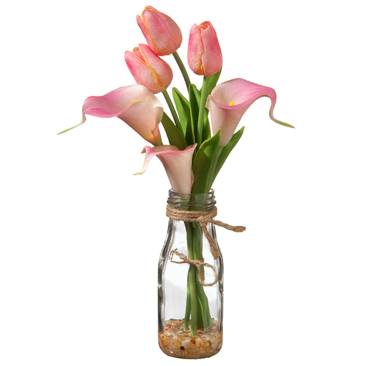 Artificial Flower Bouquet in Glass Vase, Pink Tulips, Decorated with Leafy Greens, Spring Collection, 12 Inches