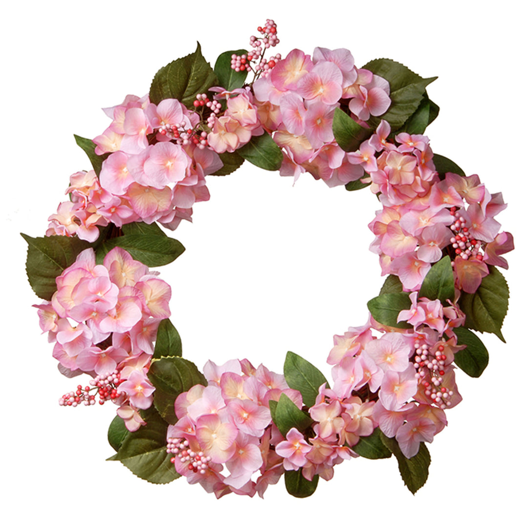 Artificial Hanging Wreath, Woven Branch Base, Decorated with Pink Hydrangea Blooms, Berry Clusters, Leafy Greens, Spring Collection, 24 Inches