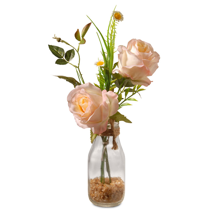 Artificial Flower Bouquet in Glass Vase, Peach Roses, Decorated with Leafy Greens, Spring Collection, 13 Inches