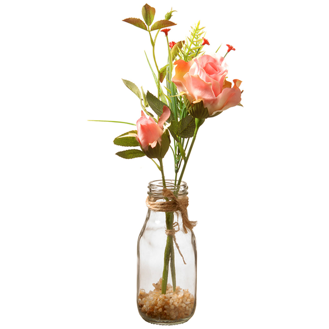 Artificial Flower Bouquet in Glass Vase, Pink Roses, Decorated with Leafy Greens, Spring Collection, 12 Inches